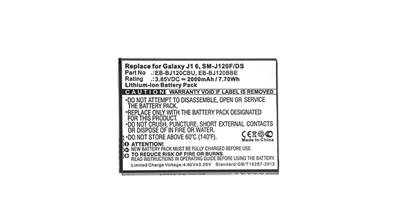 Batterie type Samsung J1 2016 EB-BJ120BBE 3.85V 2000mAh. Garantie 1 an