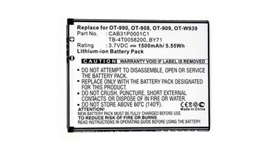 Batterie type Alcatel CAB31P0000C1/OT-990/BY71/OT-909 3.7V 1500mAh.Garantie 1an
