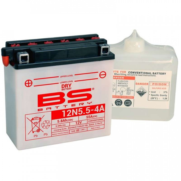 Batterie moto BS Battery 12N5.5-4A 12V 5.5Ah 55A +G. Garantie 6 mois