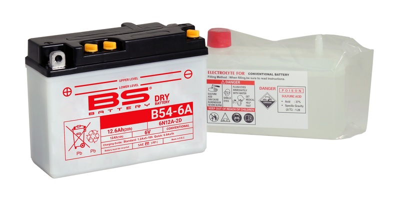 Batterie moto BS Battery 6N12-A2C / 6N12A-2D / B54-6A 6V 12Ah. Garantie 6 mois