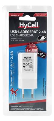 Chargeur Prise secteur Hycell USB x 2 100-240V 5V DC 2.4A. Garantie 2 ans